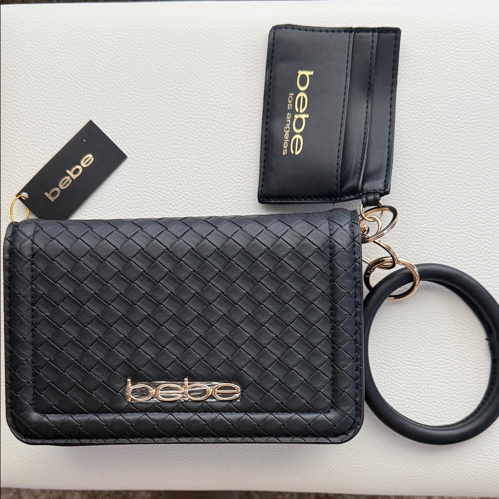 Bebe Black Textured Wristlet with Card Holder